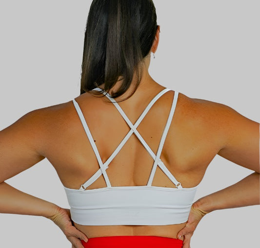 strappy back seamless sports bra with removable cup pads, ultra soft and comfortable back view in white