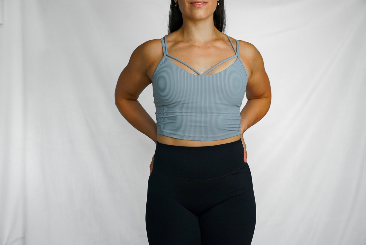 cropped ribbed camisole with built in bra longline sports bra front view in french silver