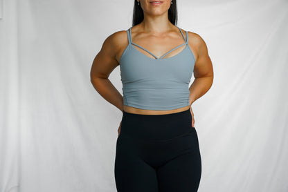 cropped ribbed camisole with built in bra longline sports bra front view in french silver