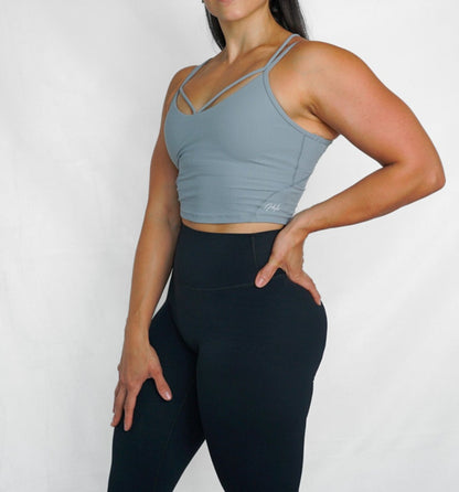 cropped ribbed camisole with built in bra longline sports bra front oblique view in french silver