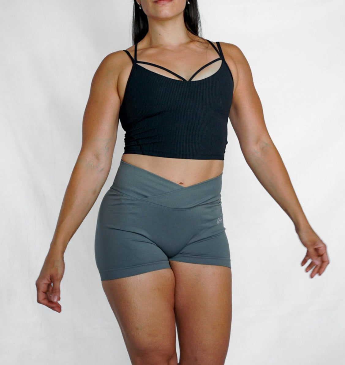 cropped ribbed camisole with built in bra longline sports bra front view in black