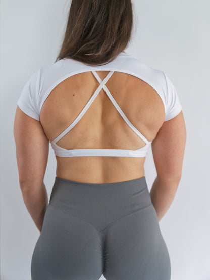 HALA Gym Open Back Workout Top Gym Crop Top White Back View