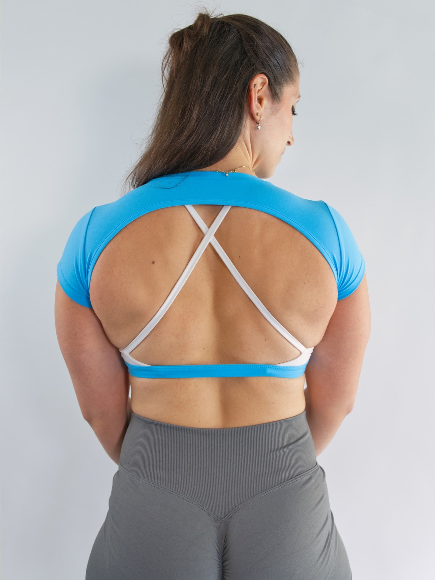 HALA Gym Open Back Workout Top Gym Crop Top Capri Blue Back View