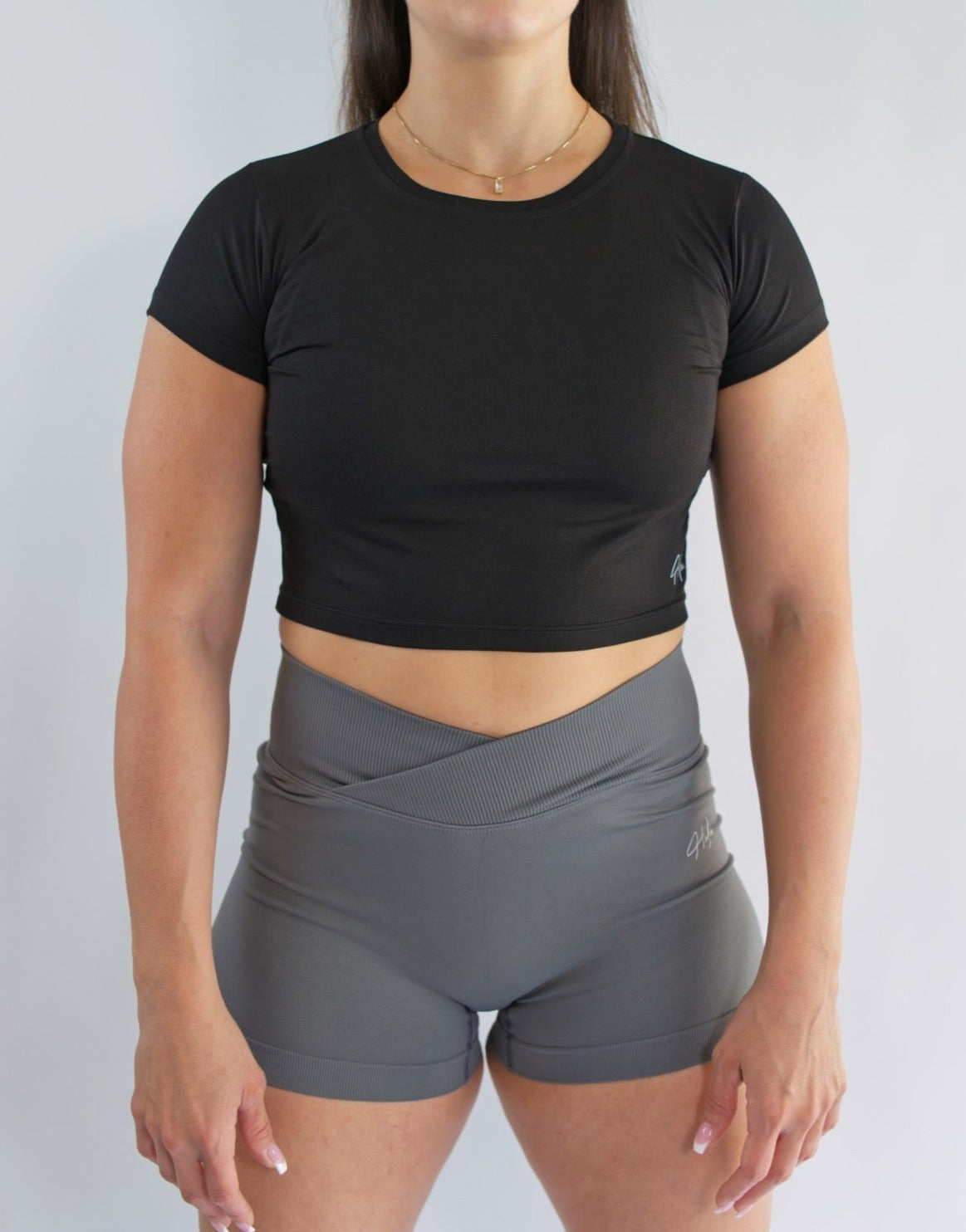 dark grey scrunch shorts cross waist front view