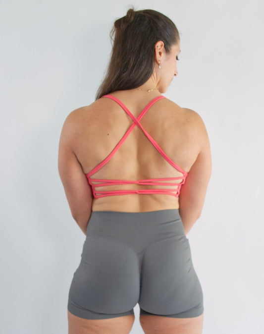 strappy back sports bra pink velvet back view