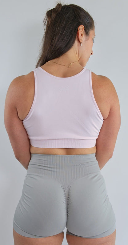 Cute High neck sports bra baby pink back view