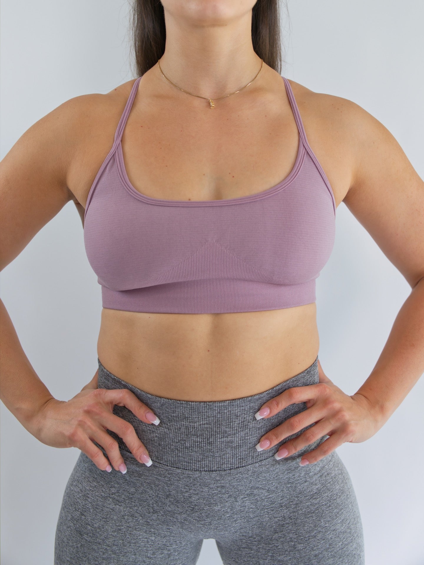 Comfortable Crossback Seamless Sports Bra Mauve Front View Full Body