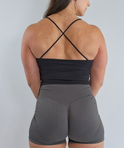 Gym Camisole with Built in Bra Cross Back Back View Black