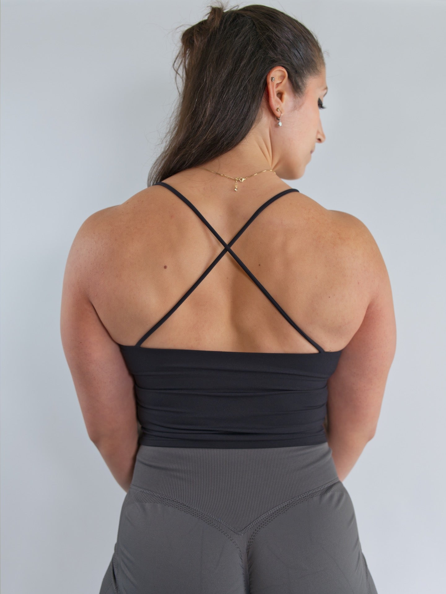 Gym Camisole with Built in Bra Cross Back Back View Black