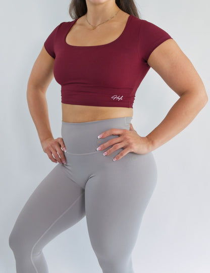 SQUARE NECK TOP Crop Top t shirt with built in bra  Cherry Wine Oblique Full Body View