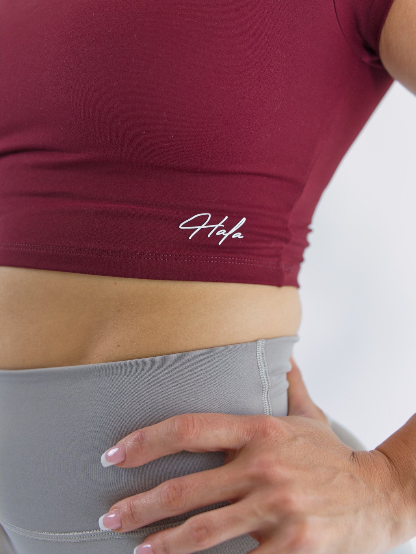 SQUARE NECK TOP Crop Top t shirt with built in bra Cherry Wine Up Close Oblique View