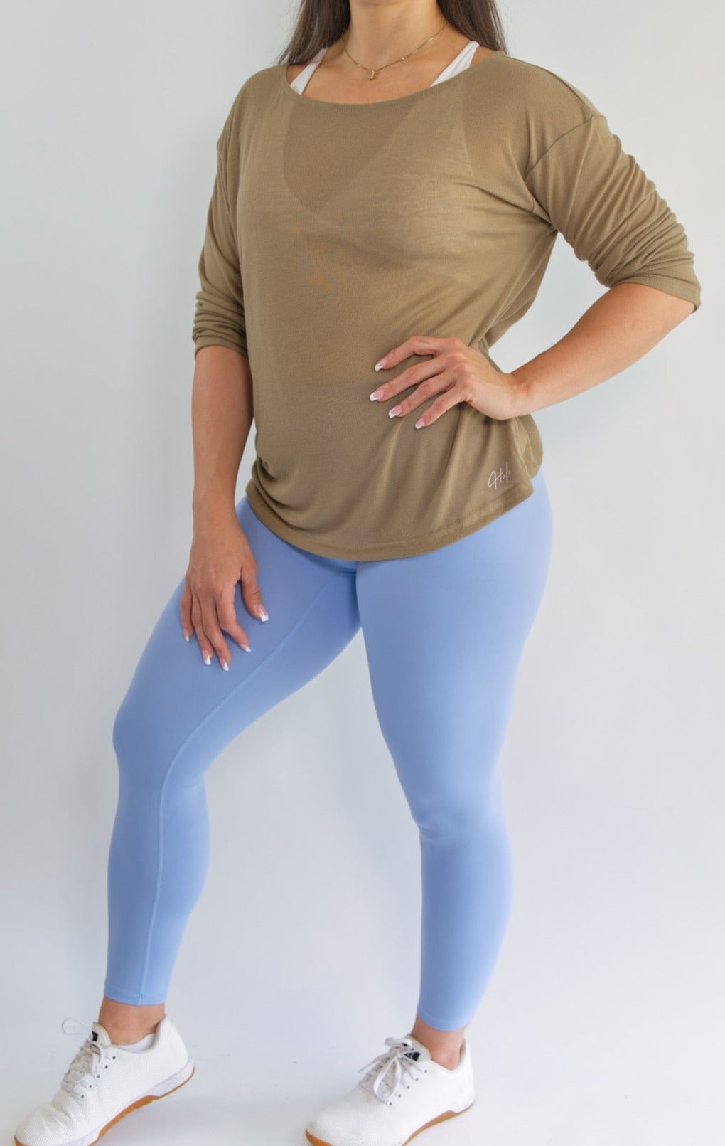 Long Sleeve Workout Shirt Olive Beige Front View