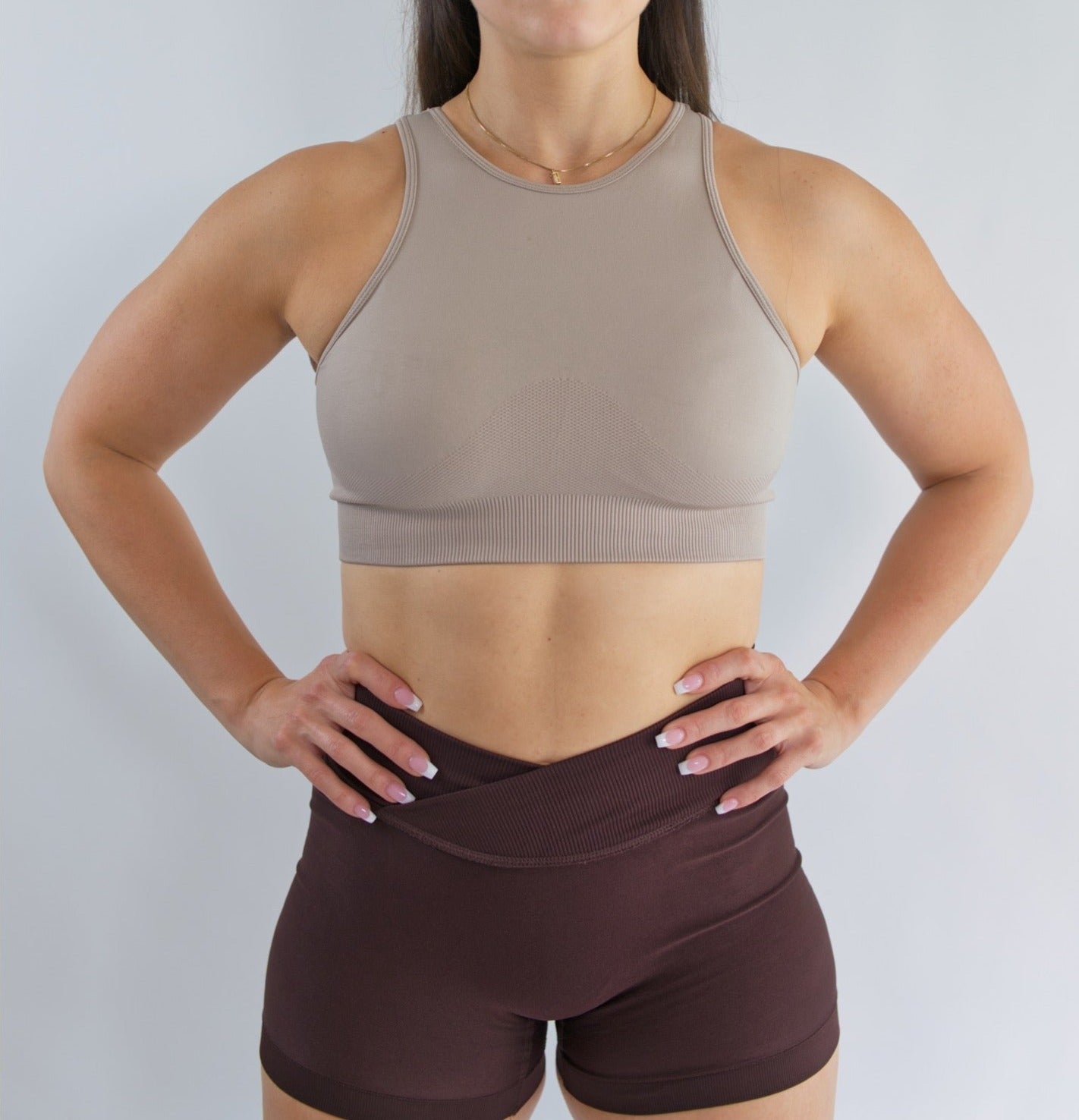 Cute High neck sports bra taupe front view