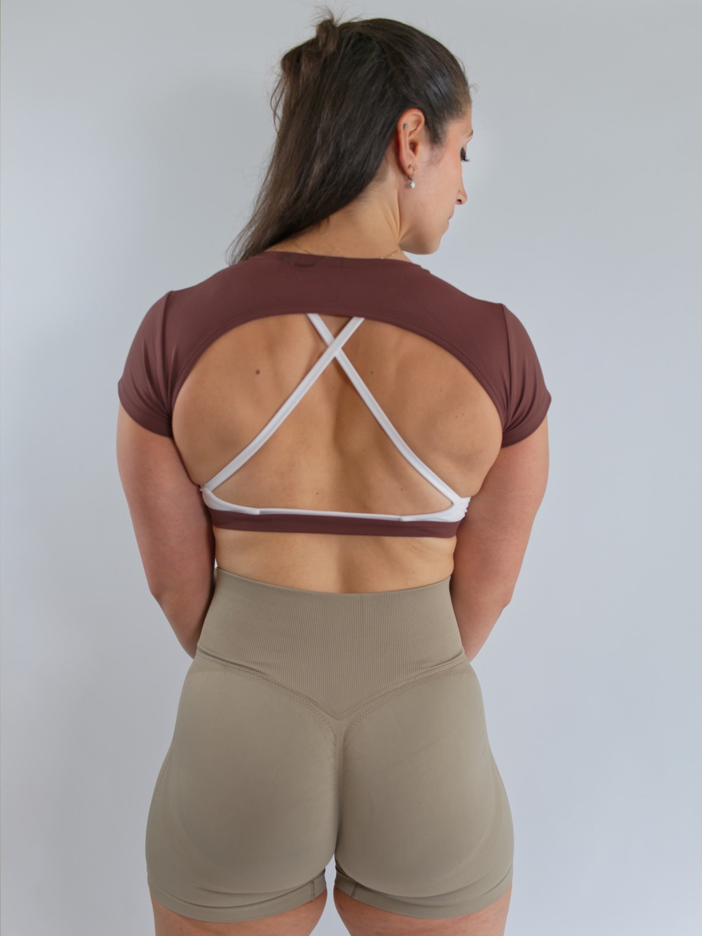 HALA Gym Open Back Workout Top Gym Crop Top Coffee Brown Back View