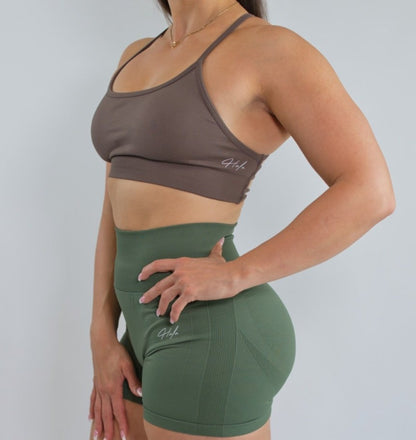 strappy back sports bra mocha oblique view