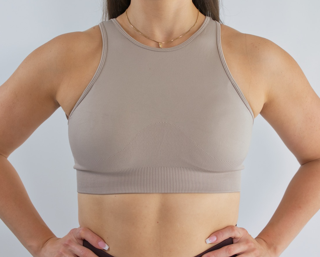 Cute High neck sports bra taupe close up front view