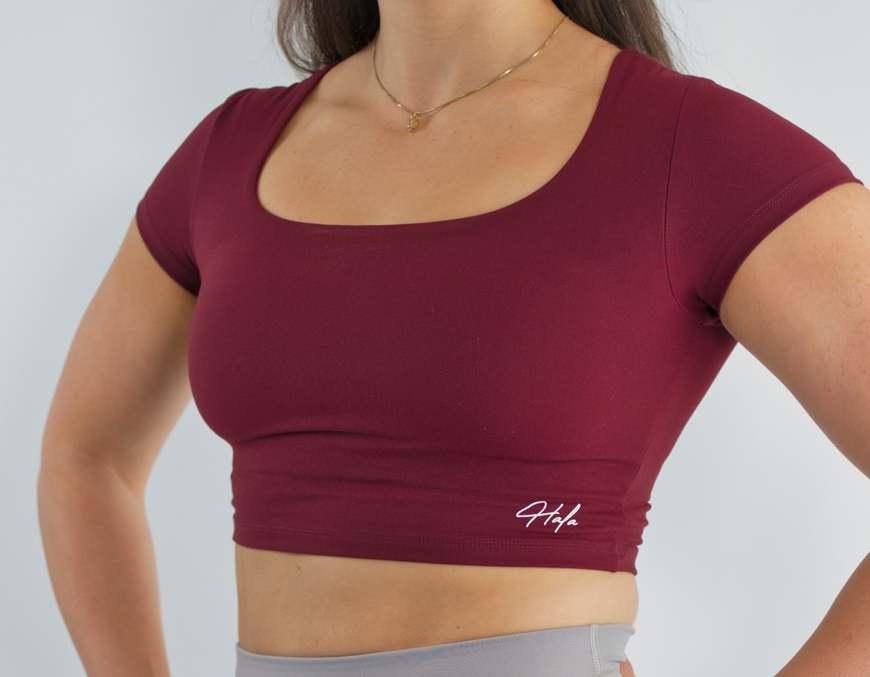 SQUARE NECK TOP Crop Top t shirt with built in bra Cherry Wine Oblique