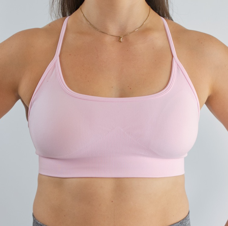 Comfortable Crossback Seamless Sports Bra Baby Pink Front View Close Up